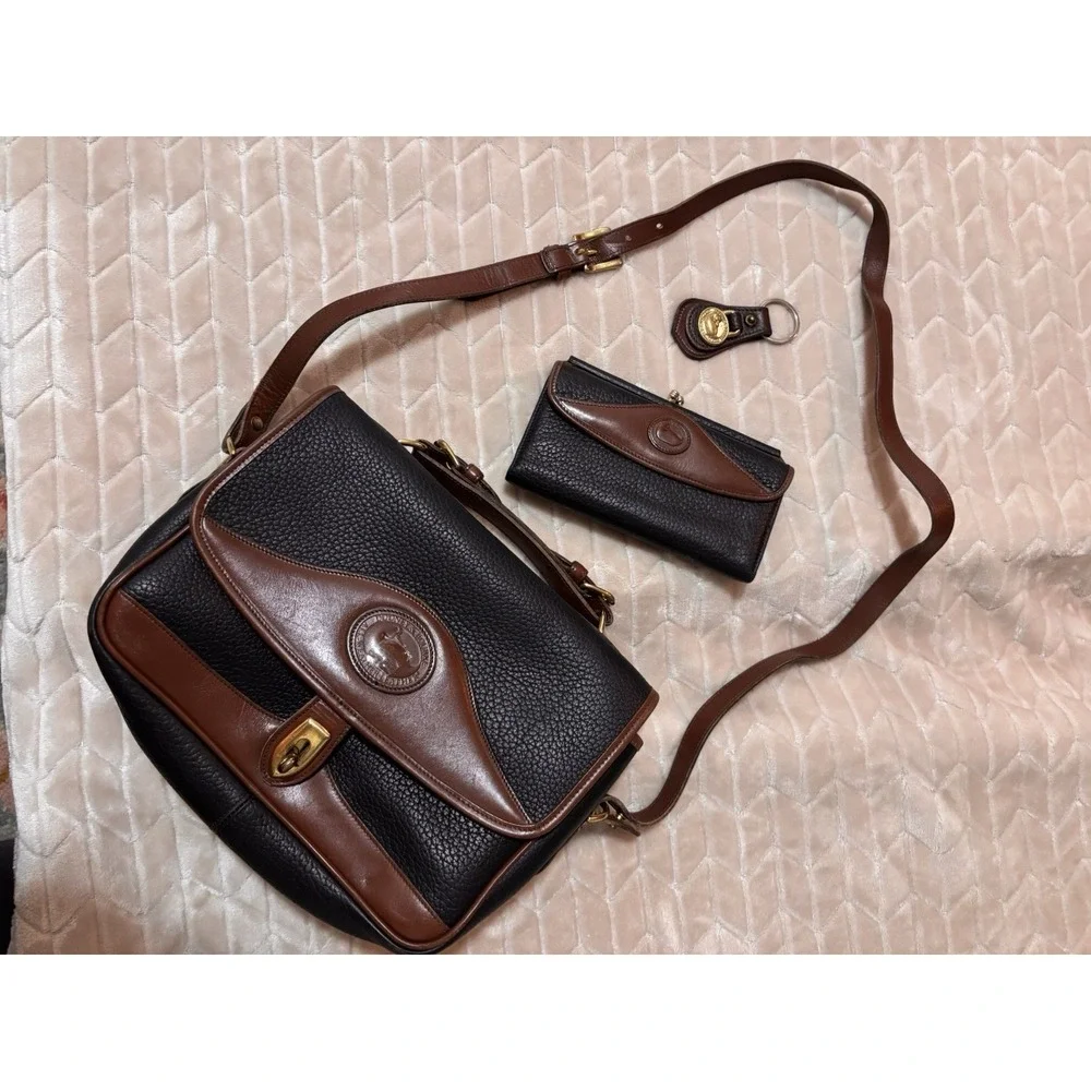 Vtg Dooney & Bourke AWL Navy Brwn Leather Satchel Crossbody Kiss Lock Wallet Set